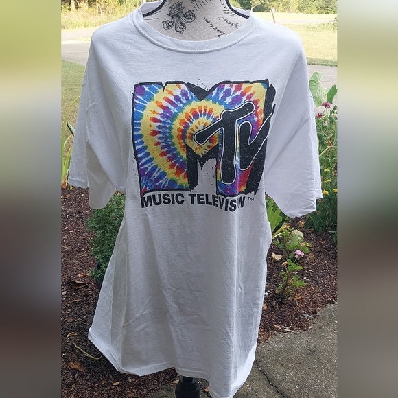 MTV WHITE TYE DYE LOGI GRAPHIC TSHIRT/L - Picture 2 of 4